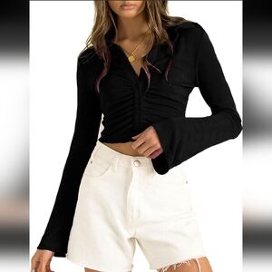 SOFIA'S CHOICE Womens Ruched Button Down Crop Top Collar Neck Flared Long Sleeve